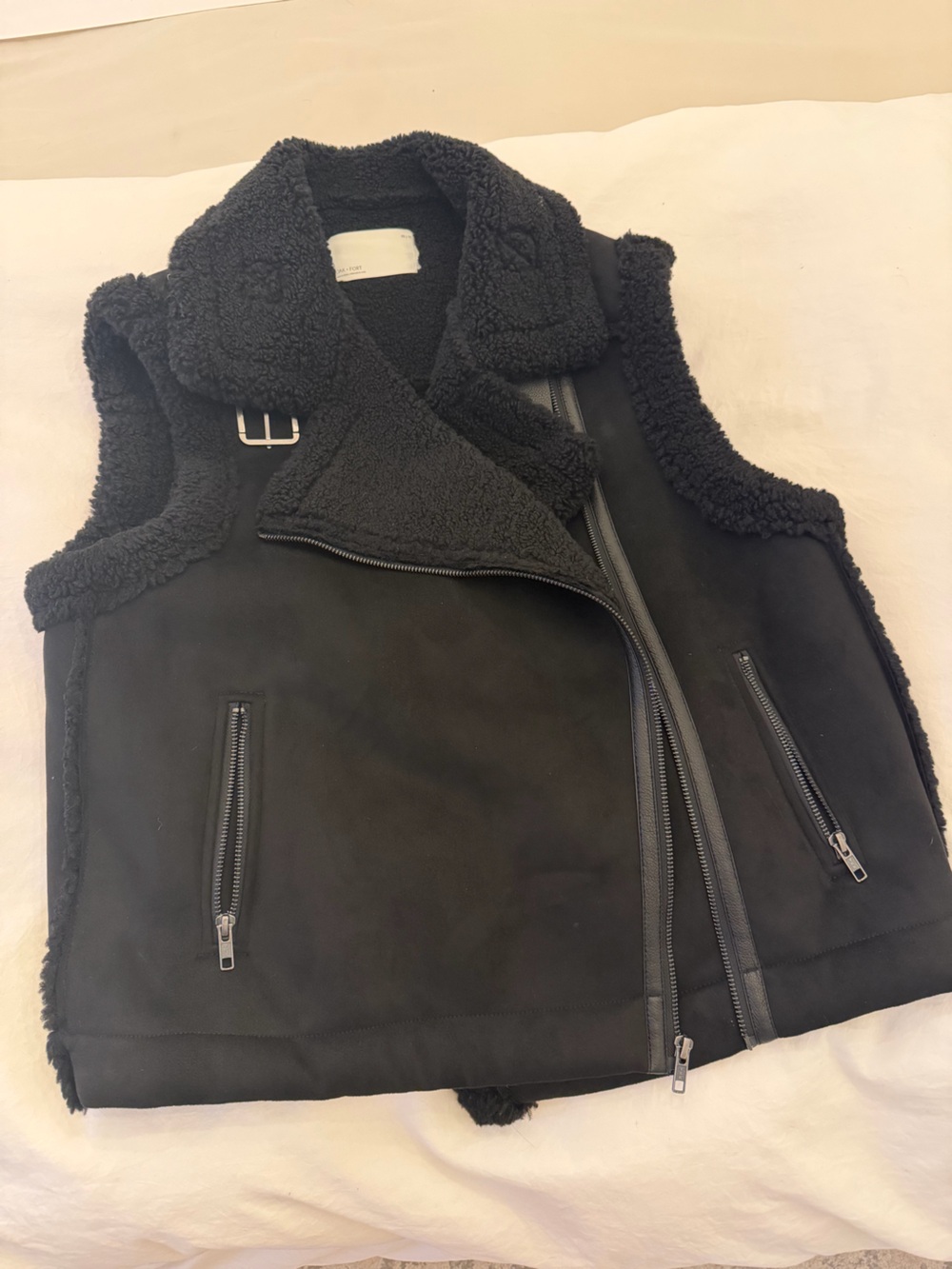 OAK + FORT Black Sherpa Vest with Zip Details